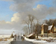 oil painting handpainted on canvas "Snowy polder landscape with skaters   "