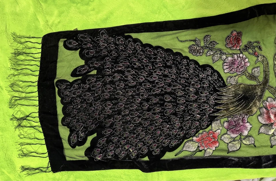 DE COLECCIÓN CHAL PAVOS REALES ENVOLTURA BURNOUT CUENTAS TERCIOPELO GRANDE Y SEDA 68x21 Foto 2 de 4