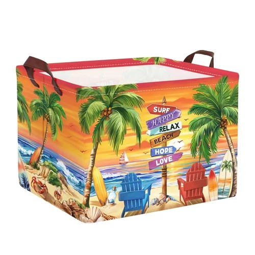 Summer Beach Kids Storage Basket Collapsible Hamper Palm Tree Design – 40x30x30