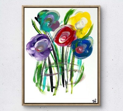 Dancing flowers modern wall art painting 14X11 Gallery Paper original