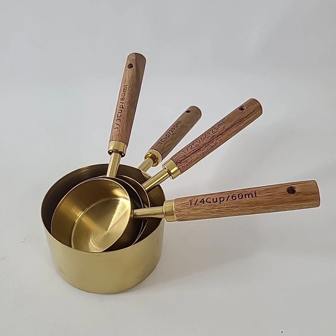 Measuring Cups Acacia Wood Handles Set of 4 Stainless Steel Gold Finished