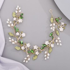 Bride Green Rhinestone Leaf Headband Wedding Flower Pearl Hair Vine Crystal
