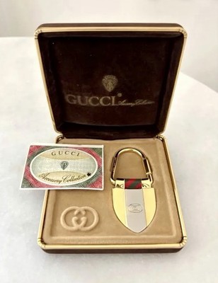 Gucci Rigato Shield Key Ring Iconic Green Red Vintage Pattern Gold Hardware Auth