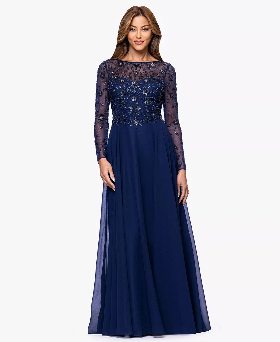 xscape long sleeve beaded dress Xscape Plus Size V-Neck Gown - Black/Nude