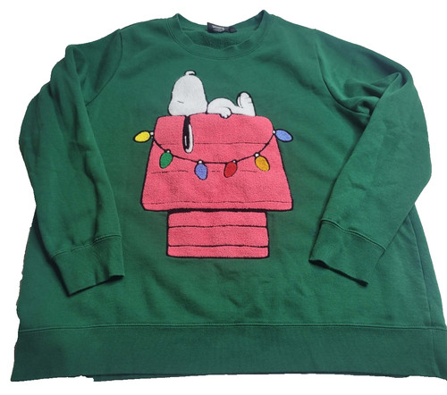 Peanuts Christmas Sweater Snoopy Women's 1XL Green Holiday