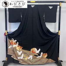Black Tomesode Kimono Flying Crane Plum Pattern Gold Accents Used
