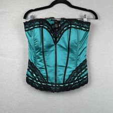 Shirley of Hollywood Green  Black Satin Lace And Zip Corset Top Sz 36