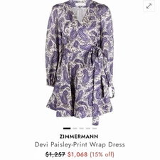 ZIMMERMANN Devi Purple Paisley Print Linen Mini Wrap Dress Size 2