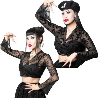 Kreepsville Whimsigoth Mesh Bell Sleeves Tie Top Bats Spiderweb S-M L-XL 2XL-3XL