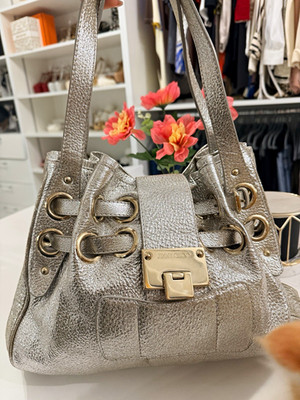 Jimmy Choo Ramona Metallic Silver Leather Shoulder Tote Bag Gold Hardware