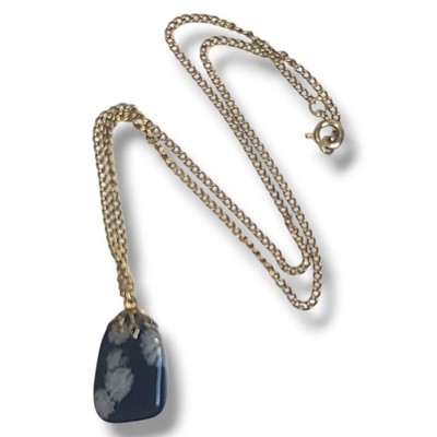 Vintage Snowflake Obsidian Pendant Necklace Gold Tone Chain 17''