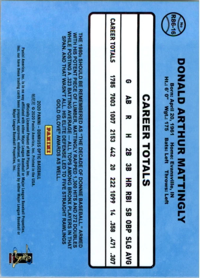 2020 Donruss Optic Retro '86 #16 Don Mattingly - BB - Image 2 of 2