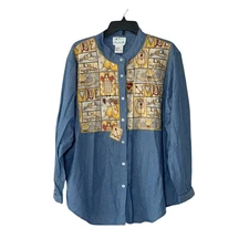 The Quacker Factory Angel Themed Cotton Button Up Shirt 1X  Love Print Shacket