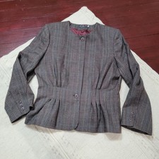 Vintage Charter Club 100% Wool Plaid Peplum Pleated Jacket Size 12p Brown