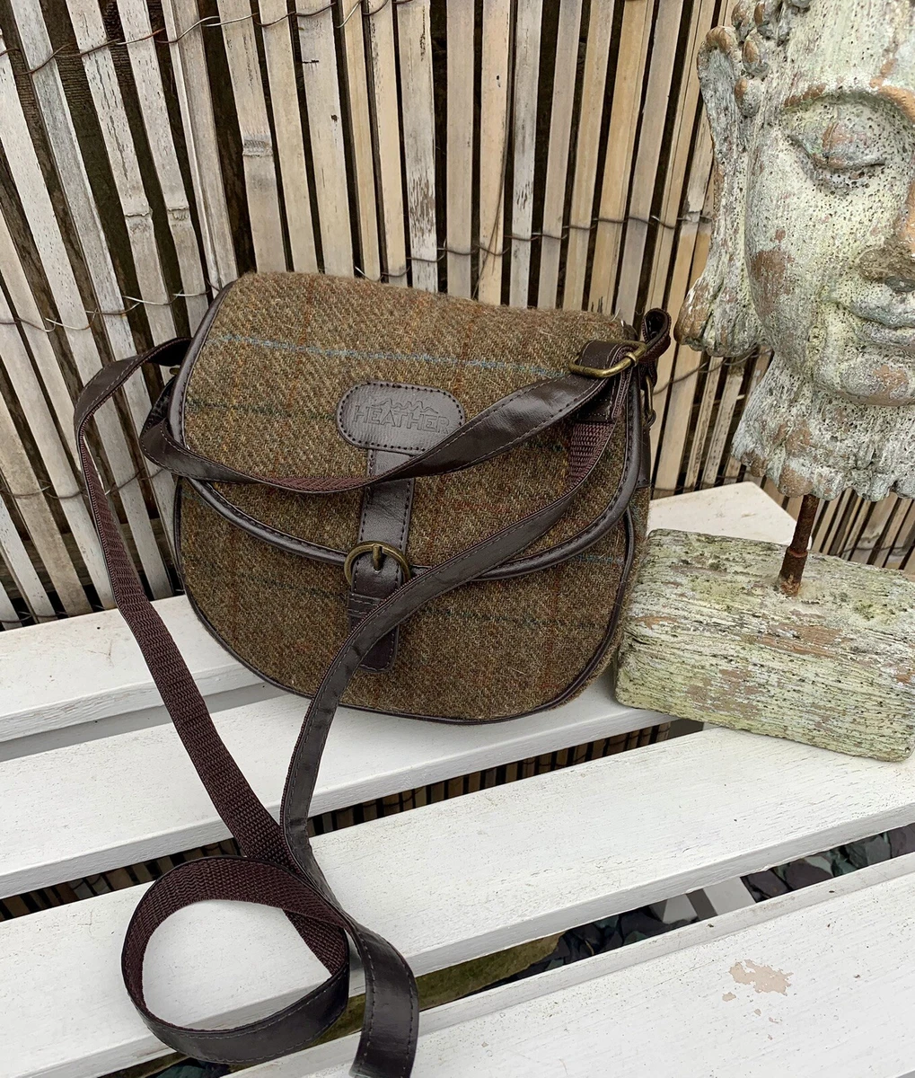 Heather Green Tweed Leather Shetland Moon Shooting Saddle Country Satchel Bag