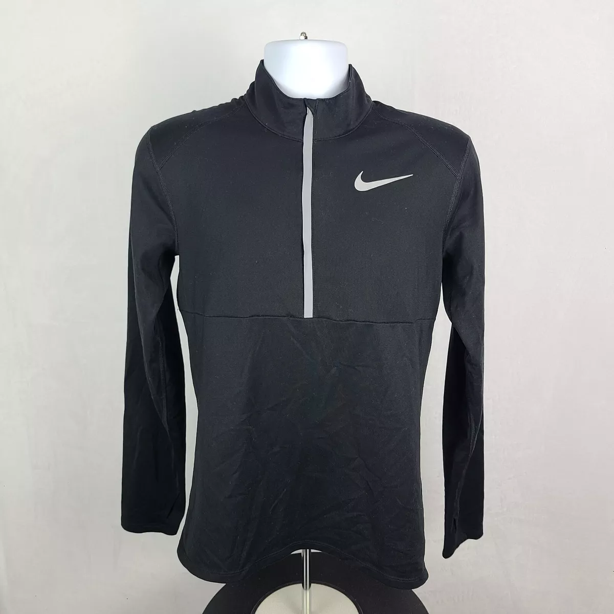 Nike Running Sweater Mens Small Black Solid Dri Fit 1 4 Zip Pull Over Polyester