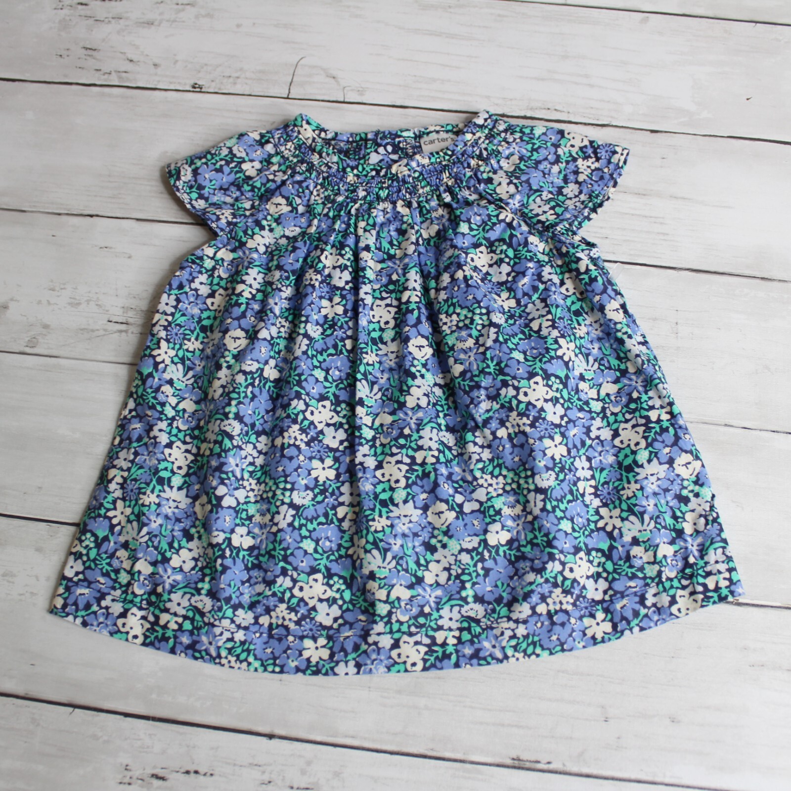 Carter's Baby Girl's Smocked Top Size 6 9 Months Blue Floral Cap Sleeve Blouse