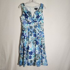 Adrianna Papell Dress Womens 6 Blue Midi Sheath Floral Sleeveless Split V Neck