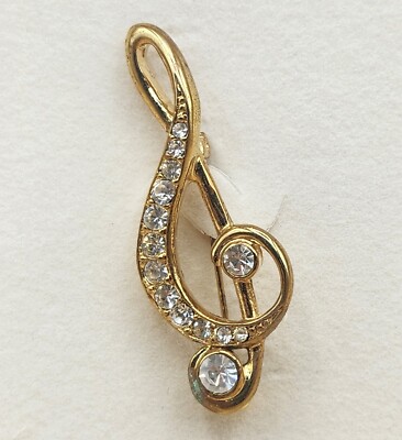 Treble Pin Gold Tone Rhinestones 2-7/8''  Musician Gift Brooch, BRAND NEW