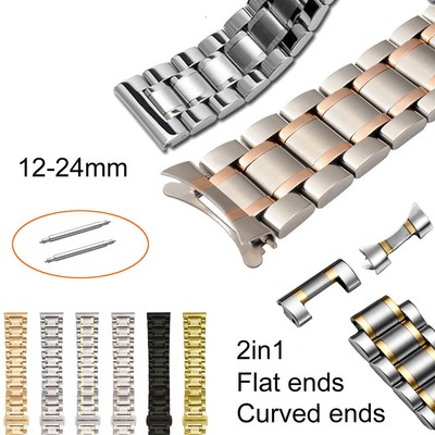 Flat Curved Ends Metal Link Bracelet Watch Band 12-22 24mm Stainless Steel Strap