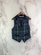 Vintage Vest Womens Medium Corduroy Green Navy Blue Tartan Plaid 90s Gilet