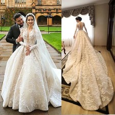 Gorgeous Wedding Dresses Long Sleeves High Neck Applique Chapel Train Plus Size