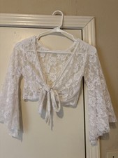 White Lace Tie-Front Cropped Bolero Shrug Wrap Jacket Bell Sleeve
