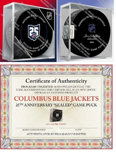 2025 COLUMBUS BLUE JACKETS 25TH ANNIVERSARY GAME PUCK CUBE NHL HOCKEY SEALED COA - Picture 1 of 4