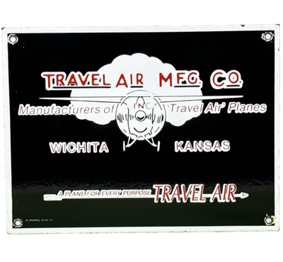 VINTAGE TRAVEL AIR MFG CO PORCELAIN SIGN AIRPLANES HANGAR CESSNA WICHITA KS GAS