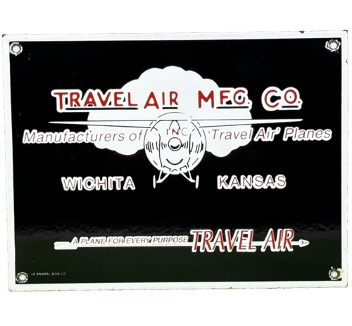VINTAGE TRAVEL AIR MFG CO PORCELAIN SIGN AIRPLANES HANGAR CESSNA WICHITA KS GAS