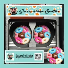 Car Coasters Frosted Donuts Galore Pastry Snacks Set 2 Neoprene Sublimated