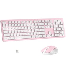 Wireless Keyboard Mouse Combo FullSize 104Key Numeric Keypad Pink White