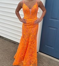 Orange Formal Gown Sleeveless Floor-Length with Lace Detailing