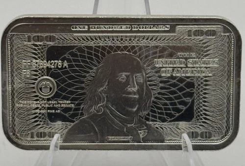 1 oz Silver Bar – Ben Franklin $100 Bill Design