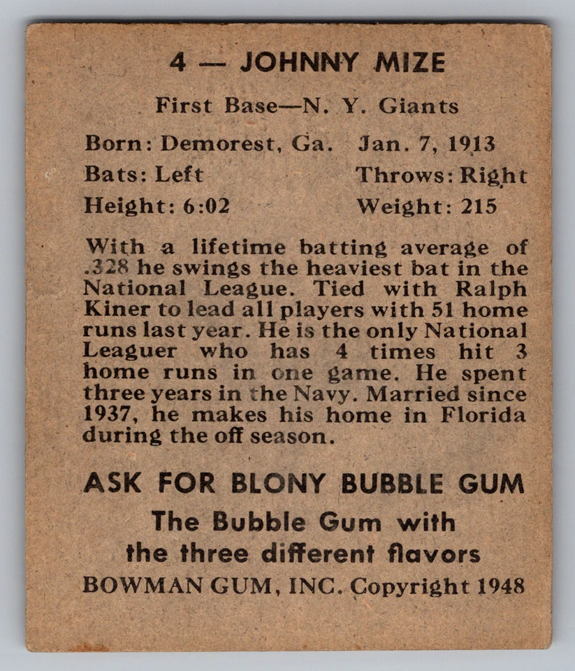 1948 BOWMAN NO4 ДЖОННИ МАЙЗ GIANTS ДЕБЮТАНТ - Изображение 2 из 3