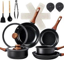 17-Piece Nonstick Cookware Set Cast Aluminum Pots and Pans with Saucepans Black