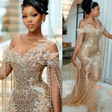 Off Shoulder Golden Phantom Mermaid Ball Dress A-line Crystal Lace Evening Gown