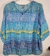 Catherines Size 1X (18/20W) Multicolor Santa Fe Peasant Blouse Top Semi Sheer