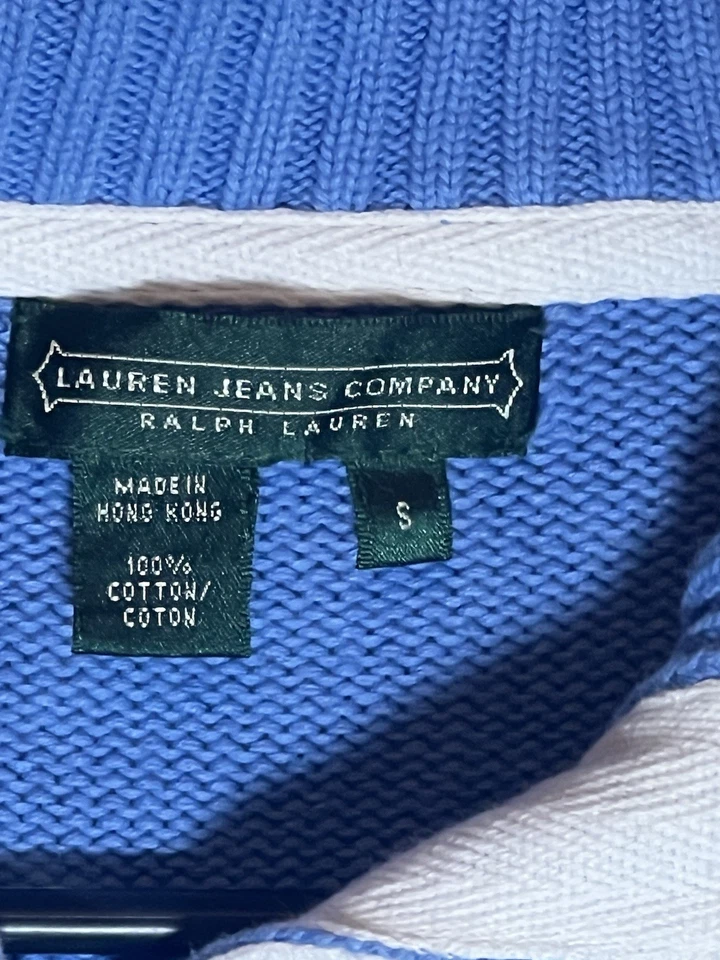 Ralph Lauren 蓝色白色条纹女式小号蓝色 1/4 Snap Up 毛衣 — 第 2/3 张图片