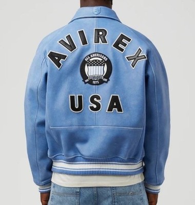Men Avirex Sky Blue Real Bomber American Flight Jacket Faux Leather Jacket GIft