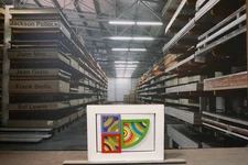 Miniature art. Frank Stella  w/miniature shipping crate 5x7 canvas 6x8 crate