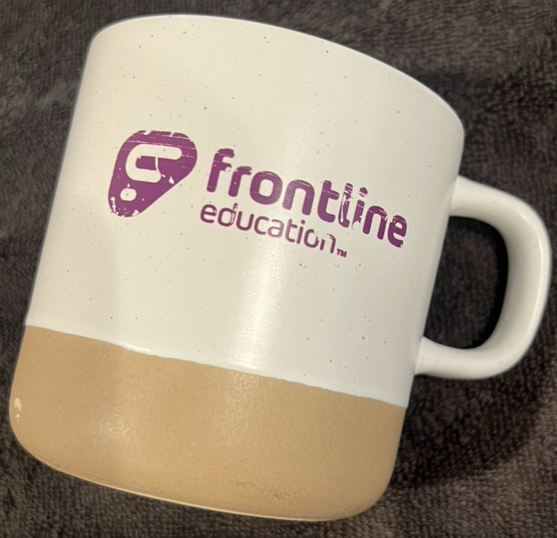 ☕ Frontline Education Ceramic Coffee Mug | Two-Tone Tan & White Logo Cup