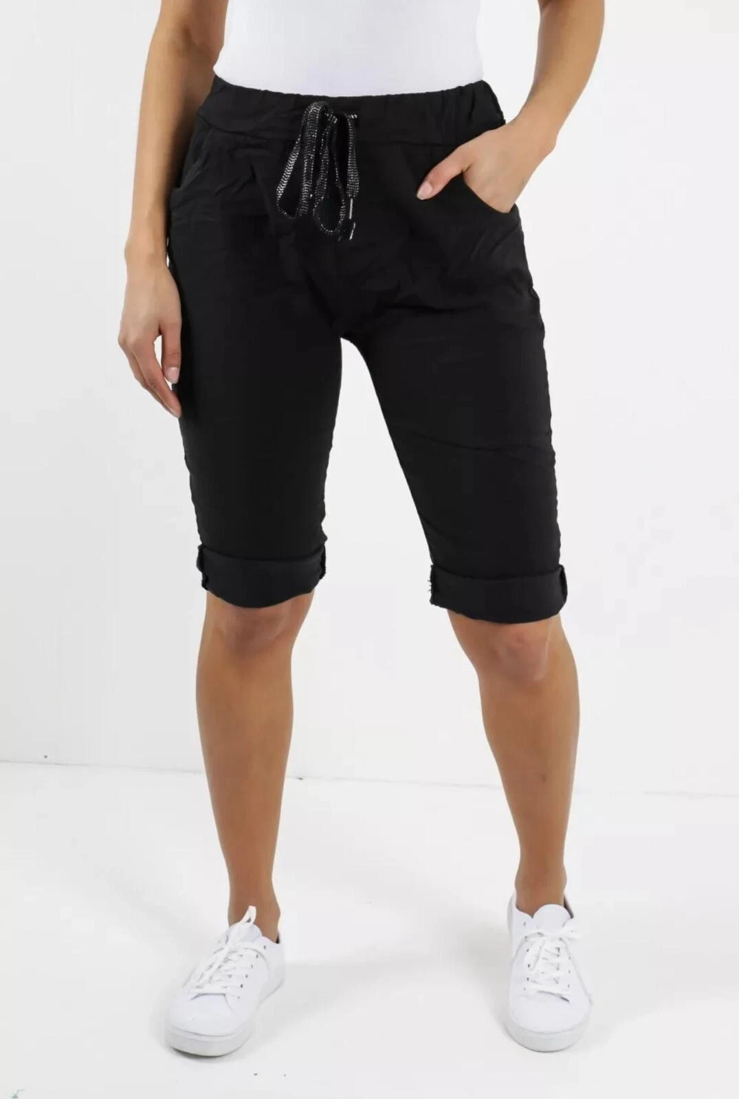 Women’s Comfy Italian Magic Shorts Joggers- Stretchy Capri Pants, Elastic Waist
