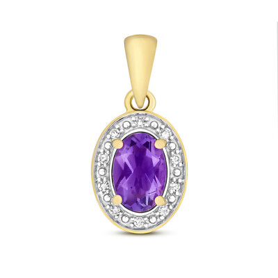Pendentif Or 9 Carats Avec Diamant Et Améthyste - 15x7 Mm - Neuf Avec étiquettes