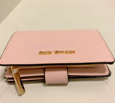 Michael Kors Medium Women Leather Bifold Zip Coin ID Wallet in Powder Blush 
