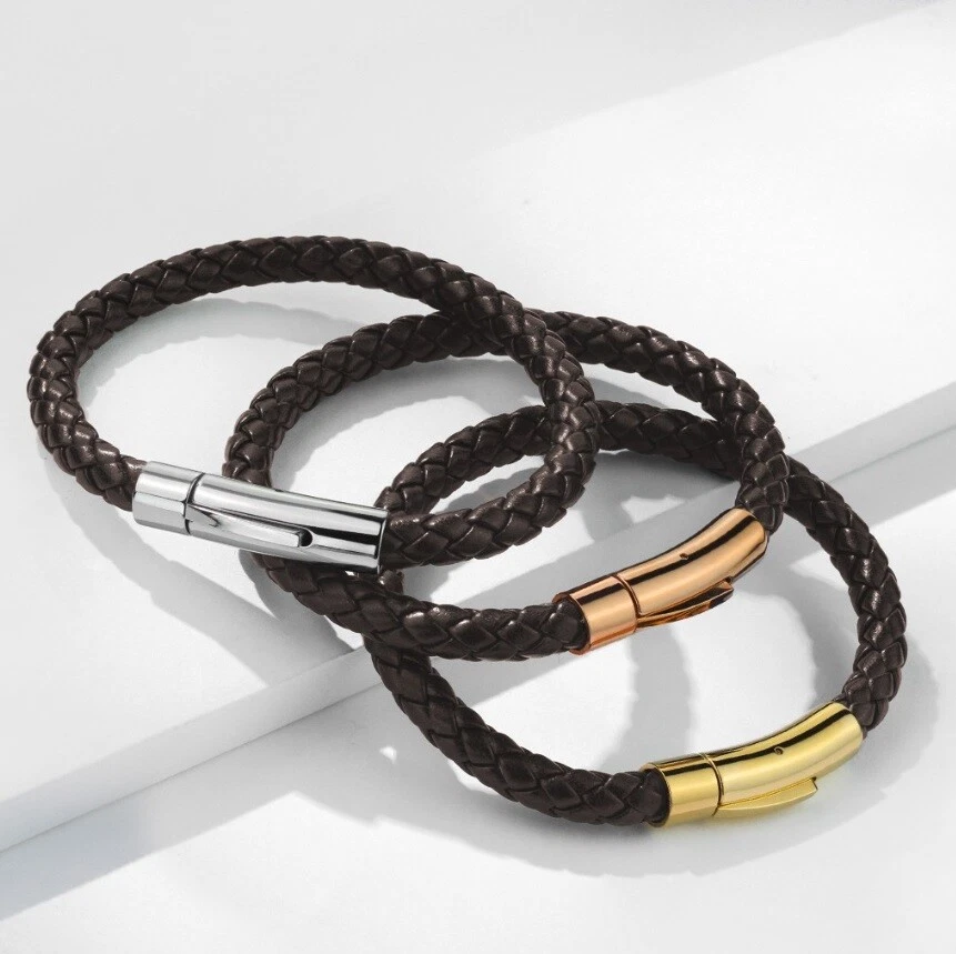 Pulsera de cuero Bolo trenzado para hombre con cierre de bloqueo de acero inoxidable - negro marrón Foto 2 de 4