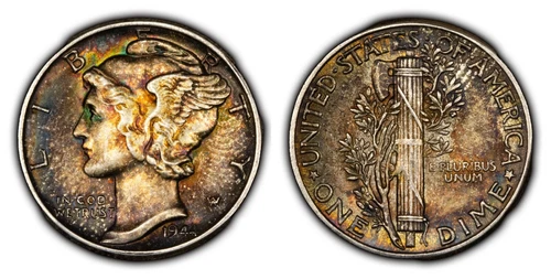 1944 10c Mercury Silver Dime - UNC - Deep PQ Rainbow Toning - Y4482
