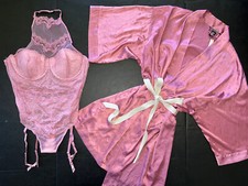 Victoria's Secret 36C garter TEDDY bodysuit M/L ROBE PINK embroidered lace beige