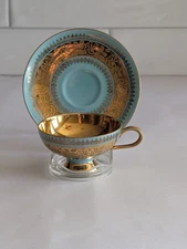 Vintage RW Bavaria Germany Gold And Teal Demitasse Cup And Saucer