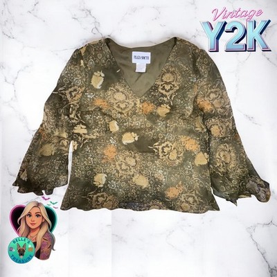 Vintage Y2K Bell Sleeve Floral Print V Neck Flowy Blouse Size 12 Fairy Grunge